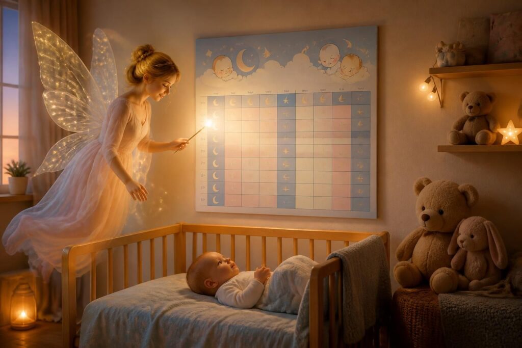 suivez facilement les temps de sommeil de votre bébé de 1 à 6 mois avec le tableau sommeil fée dodo, un outil pratique pour mieux comprendre et gérer ses cycles de sommeil.